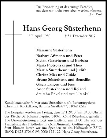 Anzeige von Hans Georg Süsterhenn von Kölner Stadt-Anzeiger / Kölnische Rundschau / Express