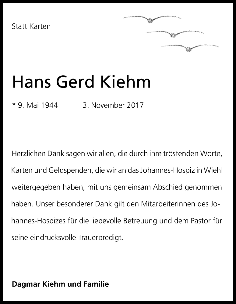  Traueranzeige für Hans Gerd Kiehm vom 10.01.2018 aus Kölner Stadt-Anzeiger / Kölnische Rundschau / Express