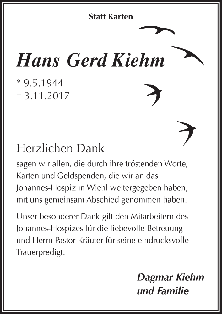  Traueranzeige für Hans Gerd Kiehm vom 10.01.2018 aus  Anzeigen Echo 