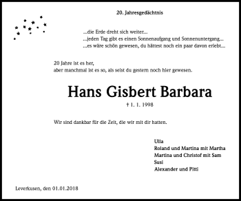 Anzeige von Hans Gisbert Barbara von Kölner Stadt-Anzeiger / Kölnische Rundschau / Express