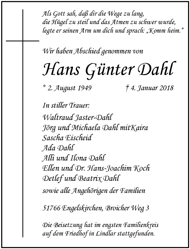  Traueranzeige für Hans Günter Dahl vom 17.01.2018 aus  Anzeigen Echo 