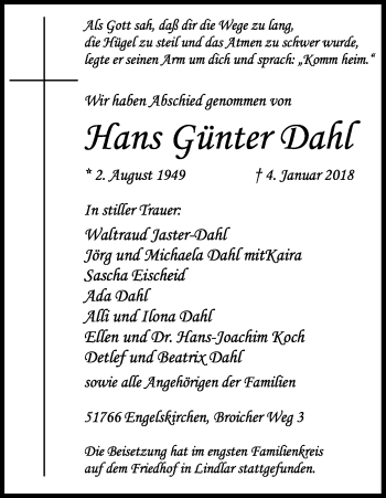 Anzeige von Hans Günter Dahl von Kölner Stadt-Anzeiger / Kölnische Rundschau / Express