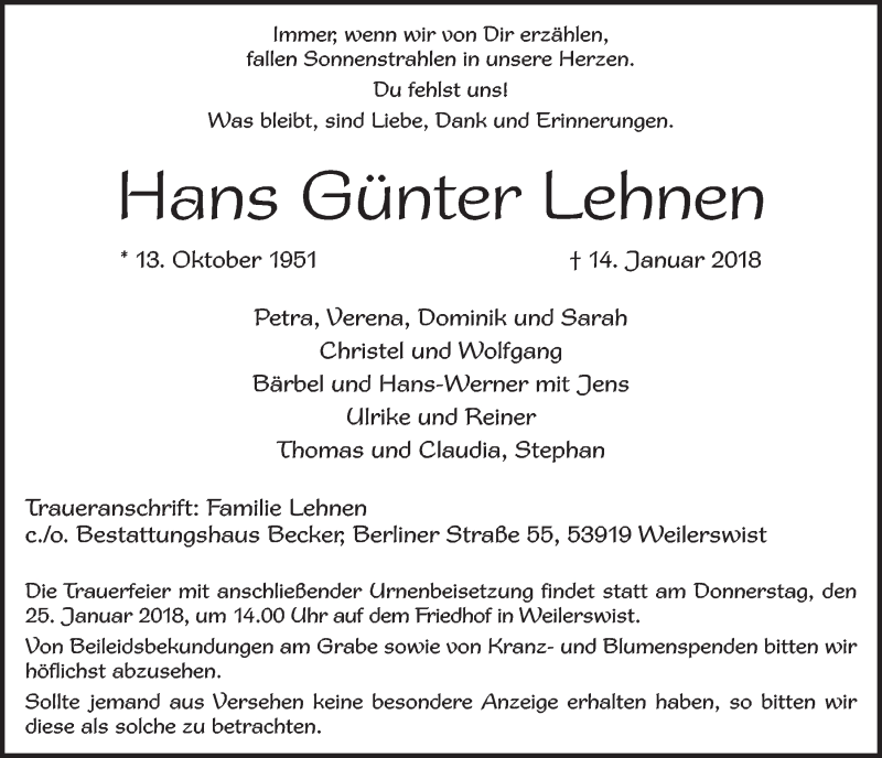  Traueranzeige für Hans Günter Lehnen vom 20.01.2018 aus  Blickpunkt Euskirchen 