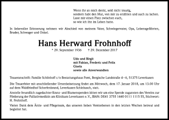 Anzeige von Hans Herward Frohnhoff von Kölner Stadt-Anzeiger / Kölnische Rundschau / Express