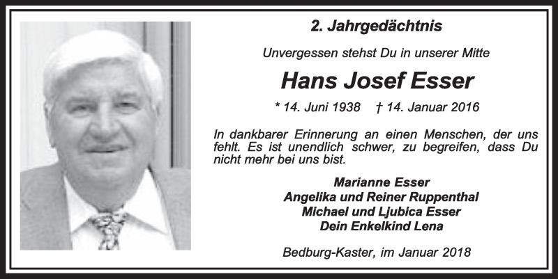  Traueranzeige für Hans Josef Esser vom 13.01.2018 aus  Sonntags-Post 