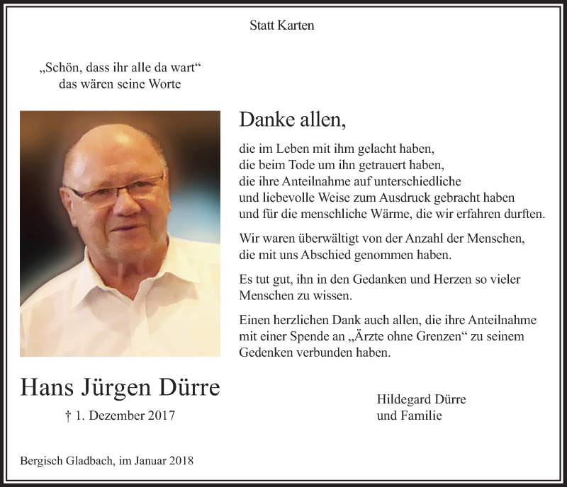  Traueranzeige für Hans Jürgen Dürre vom 13.01.2018 aus  Bergisches Sonntagsblatt 