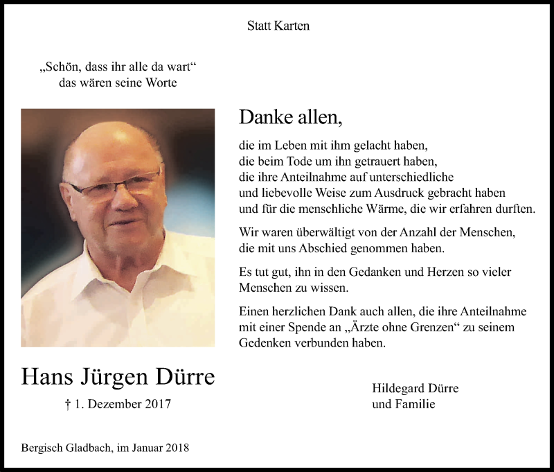  Traueranzeige für Hans Jürgen Dürre vom 13.01.2018 aus Kölner Stadt-Anzeiger / Kölnische Rundschau / Express