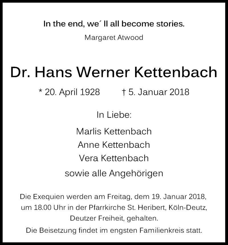  Traueranzeige für Hans Werner Kettenbach vom 13.01.2018 aus Kölner Stadt-Anzeiger / Kölnische Rundschau / Express