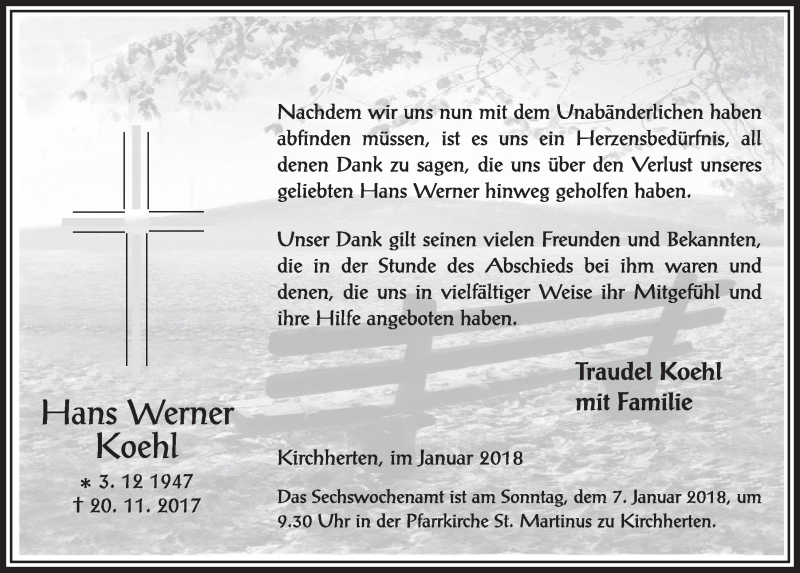  Traueranzeige für Hans Werner Koehl vom 03.01.2018 aus  Werbepost 