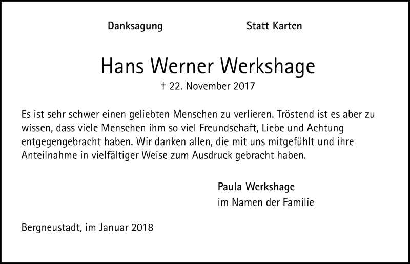  Traueranzeige für Hans Werner Werkshage vom 17.01.2018 aus  Anzeigen Echo 