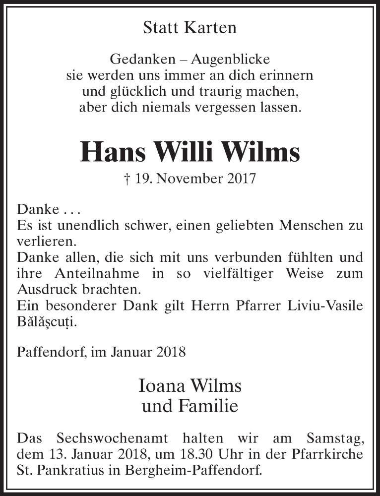  Traueranzeige für Hans Willi Wilms vom 06.01.2018 aus  Sonntags-Post 