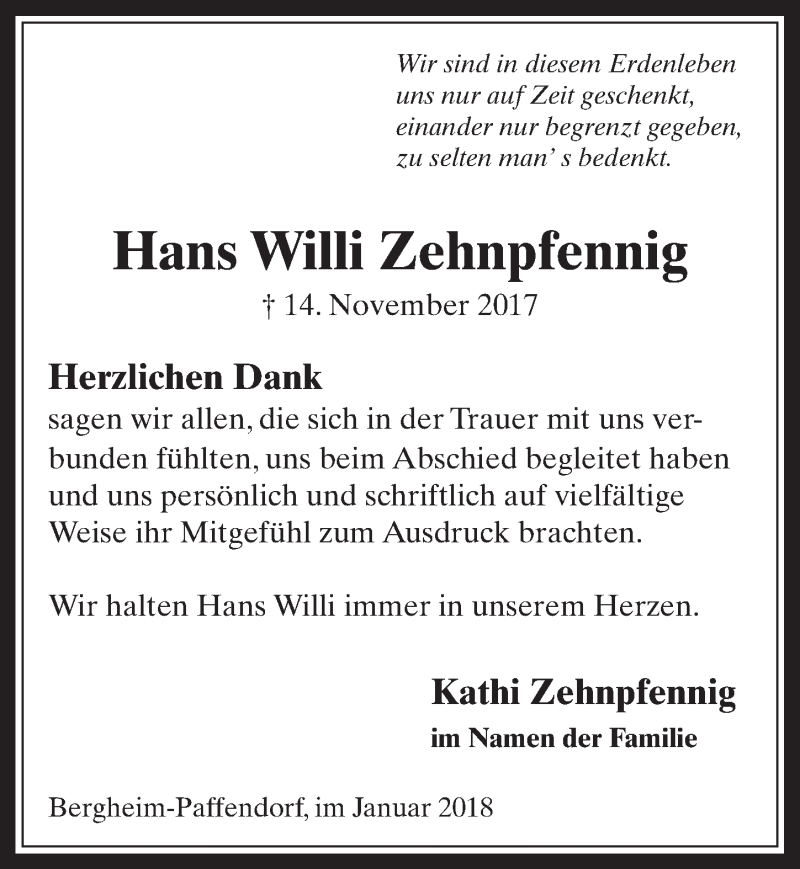  Traueranzeige für Hans Willi Zehnpfennig vom 10.01.2018 aus  Werbepost 