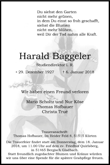 Anzeige von Harald Baggeler von Kölner Stadt-Anzeiger / Kölnische Rundschau / Express