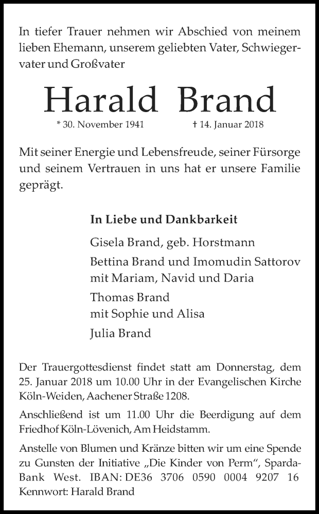  Traueranzeige für Harald Brand vom 20.01.2018 aus Kölner Stadt-Anzeiger / Kölnische Rundschau / Express