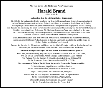 Anzeige von Harald Brand von Kölner Stadt-Anzeiger / Kölnische Rundschau / Express