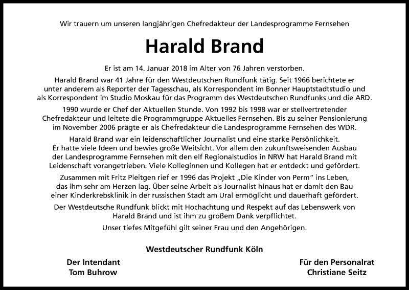  Traueranzeige für Harald Brand vom 20.01.2018 aus Kölner Stadt-Anzeiger / Kölnische Rundschau / Express