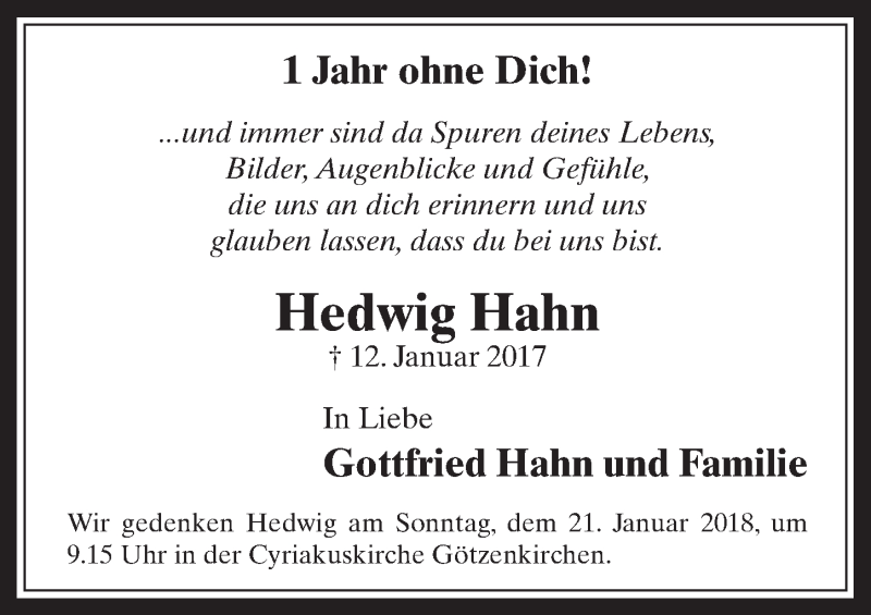  Traueranzeige für Hedwig Hahn vom 17.01.2018 aus  Werbepost 
