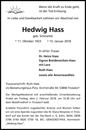 Anzeige von Hedwig Hass von Kölner Stadt-Anzeiger / Kölnische Rundschau / Express