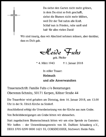 Anzeige von Heide Fuhs von Kölner Stadt-Anzeiger / Kölnische Rundschau / Express