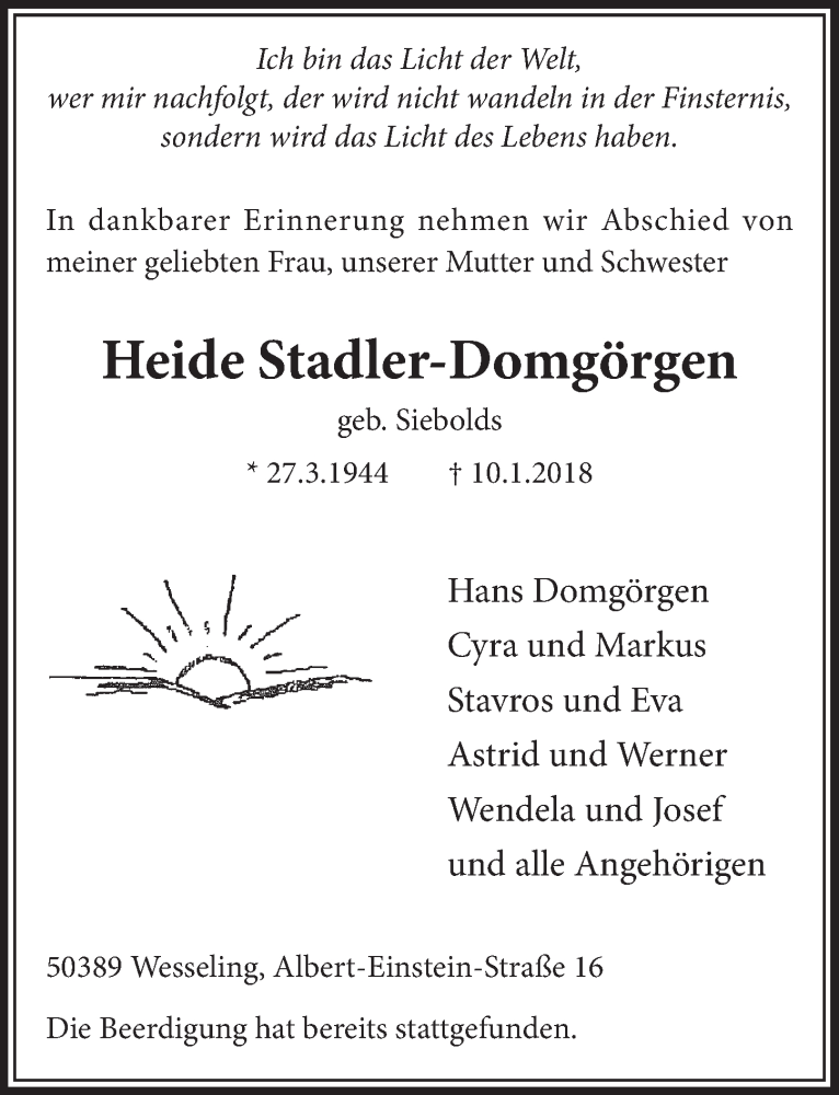  Traueranzeige für Heide Stadler-Domgörgen vom 17.01.2018 aus  Schlossbote/Werbekurier 