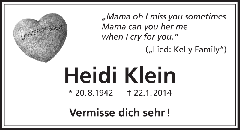  Traueranzeige für Heidi Klein vom 24.01.2018 aus  Lokalanzeiger 