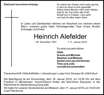 Anzeige von Heinrich Alefelder von Kölner Stadt-Anzeiger / Kölnische Rundschau / Express