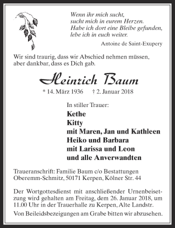 Anzeige von Heinrich Baum von  Werbepost 