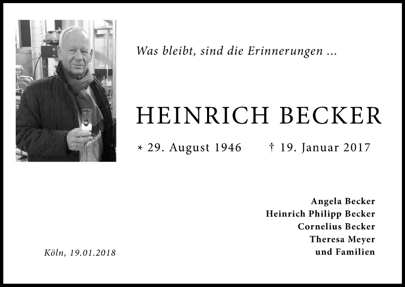  Traueranzeige für Heinrich Becker vom 20.01.2018 aus Kölner Stadt-Anzeiger / Kölnische Rundschau / Express