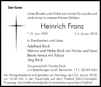 Anzeige von Heinrich Franz von Kölner Stadt-Anzeiger / Kölnische Rundschau / Express