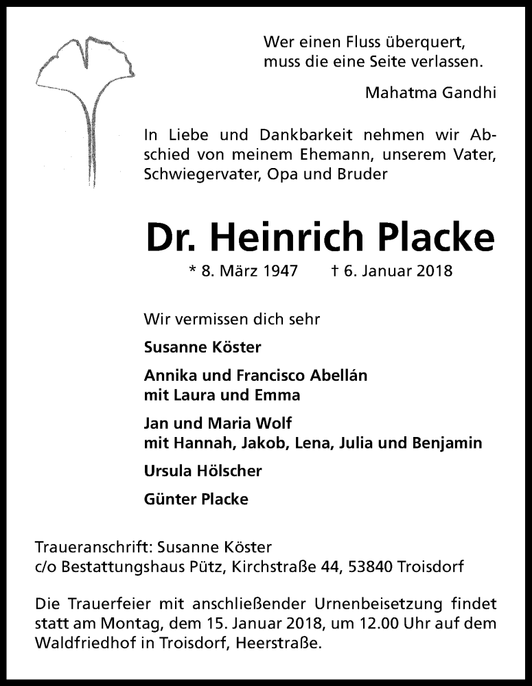  Traueranzeige für Heinrich Placke vom 10.01.2018 aus Kölner Stadt-Anzeiger / Kölnische Rundschau / Express