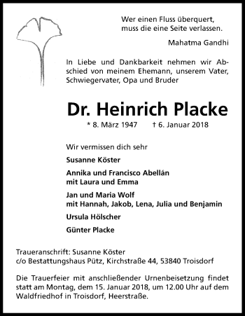 Anzeige von Heinrich Placke von Kölner Stadt-Anzeiger / Kölnische Rundschau / Express