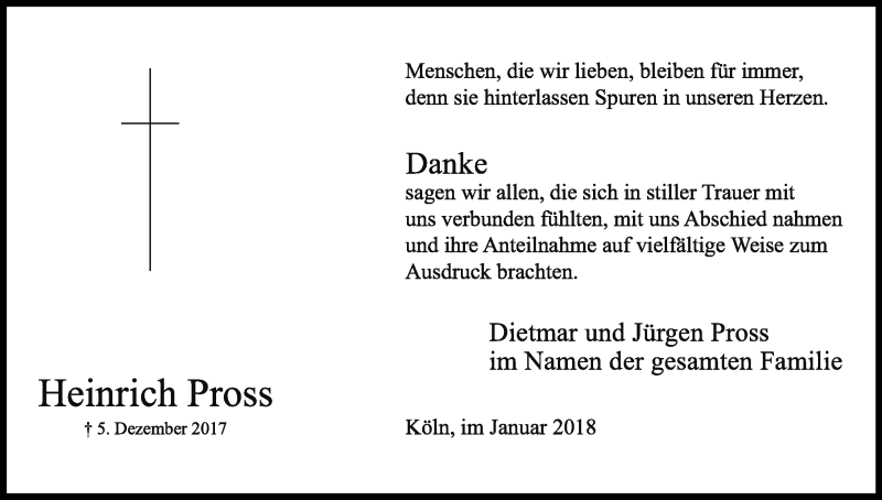  Traueranzeige für Heinrich Pross vom 06.01.2018 aus Kölner Stadt-Anzeiger / Kölnische Rundschau / Express
