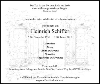 Anzeige von Heinrich Schiffer von Kölner Stadt-Anzeiger / Kölnische Rundschau / Express