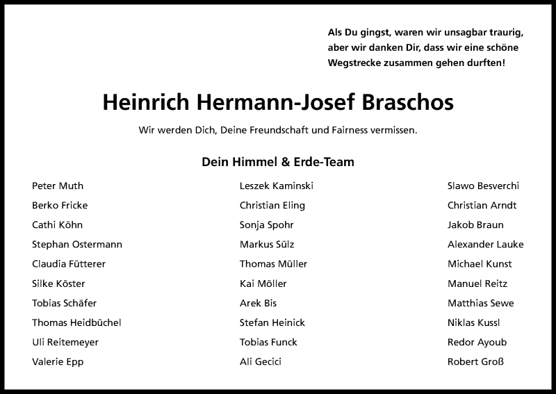  Traueranzeige für Heinrich Hermann-Josef Braschos vom 20.01.2018 aus Kölner Stadt-Anzeiger / Kölnische Rundschau / Express