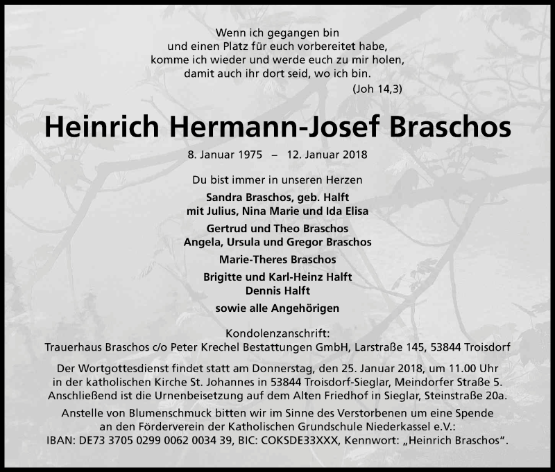  Traueranzeige für Heinrich Hermann-Josef Braschos vom 20.01.2018 aus Kölner Stadt-Anzeiger / Kölnische Rundschau / Express