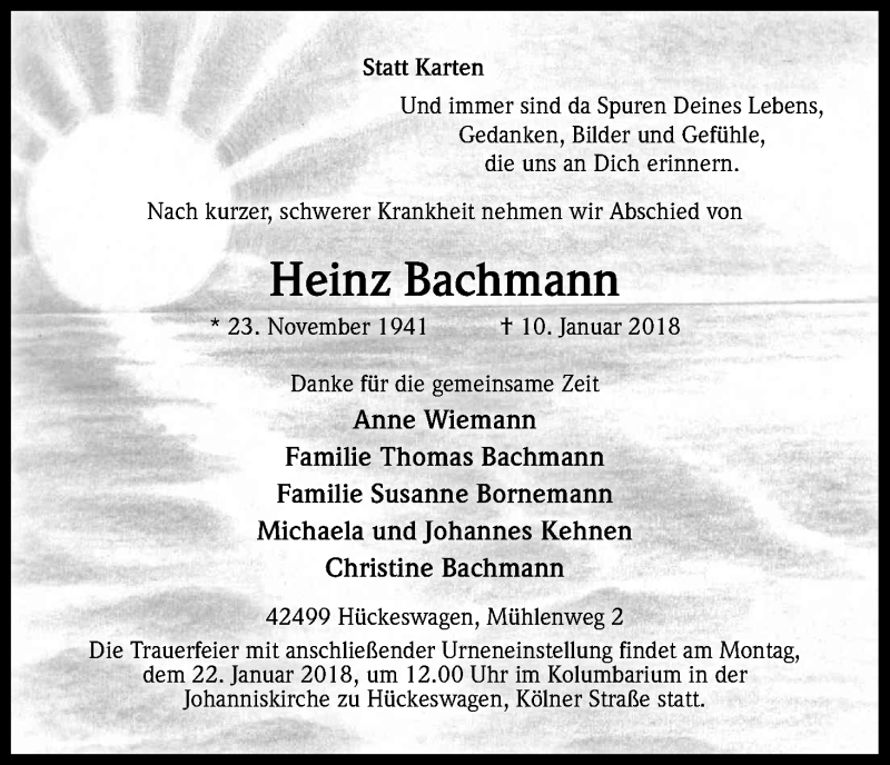  Traueranzeige für Heinz Bachmann vom 19.01.2018 aus Kölner Stadt-Anzeiger / Kölnische Rundschau / Express
