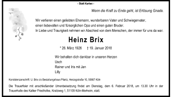 Anzeige von Heinz Brix von Kölner Stadt-Anzeiger / Kölnische Rundschau / Express