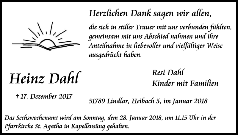  Traueranzeige für Heinz Dahl vom 27.01.2018 aus Kölner Stadt-Anzeiger / Kölnische Rundschau / Express