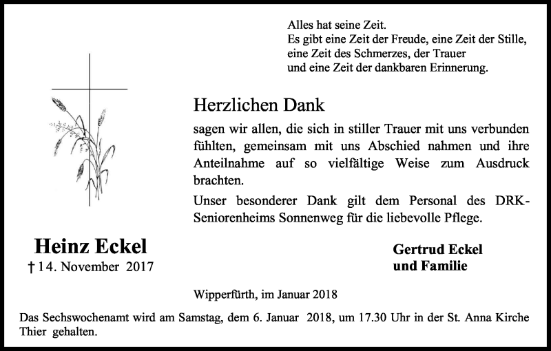  Traueranzeige für Heinz Eckel vom 03.01.2018 aus Kölner Stadt-Anzeiger / Kölnische Rundschau / Express
