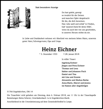 Anzeige von Heinz Eichner von Kölner Stadt-Anzeiger / Kölnische Rundschau / Express