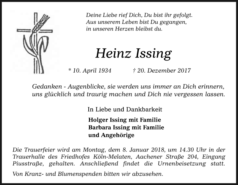  Traueranzeige für Heinz Issing vom 03.01.2018 aus Kölner Stadt-Anzeiger / Kölnische Rundschau / Express