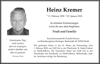 Anzeige von Heinz Kremer von Kölner Stadt-Anzeiger / Kölnische Rundschau / Express