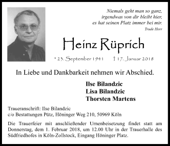Anzeige von Heinz Küprich von Kölner Stadt-Anzeiger / Kölnische Rundschau / Express