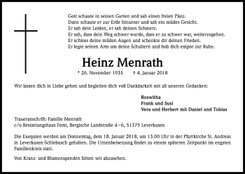 Anzeige von Heinz Menrath von Kölner Stadt-Anzeiger / Kölnische Rundschau / Express