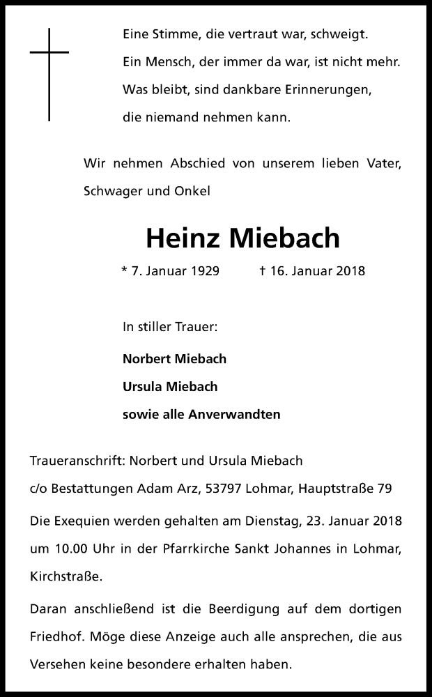  Traueranzeige für Heinz Miebach vom 18.01.2018 aus Kölner Stadt-Anzeiger / Kölnische Rundschau / Express