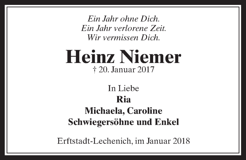  Traueranzeige für Heinz Niemer vom 17.01.2018 aus  Werbepost 