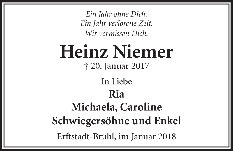  Traueranzeige für Heinz Niemer vom 17.01.2018 aus  Schlossbote/Werbekurier 