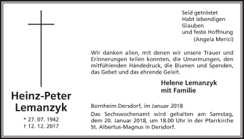 Anzeige von Heinz-Peter Lemanzyk von  Schaufenster/Blickpunkt 