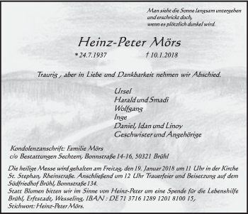 Anzeige von Heinz-Peter Mörs von  Schlossbote/Werbekurier 