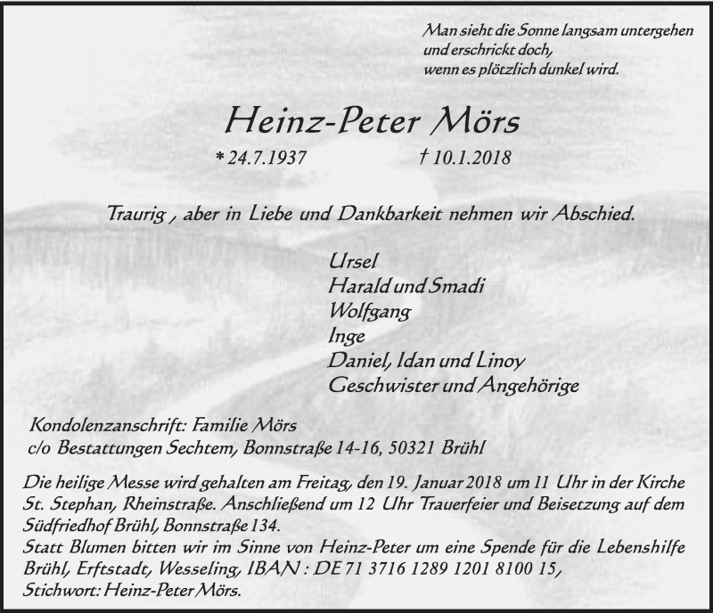  Traueranzeige für Heinz-Peter Mörs vom 17.01.2018 aus  Schlossbote/Werbekurier 